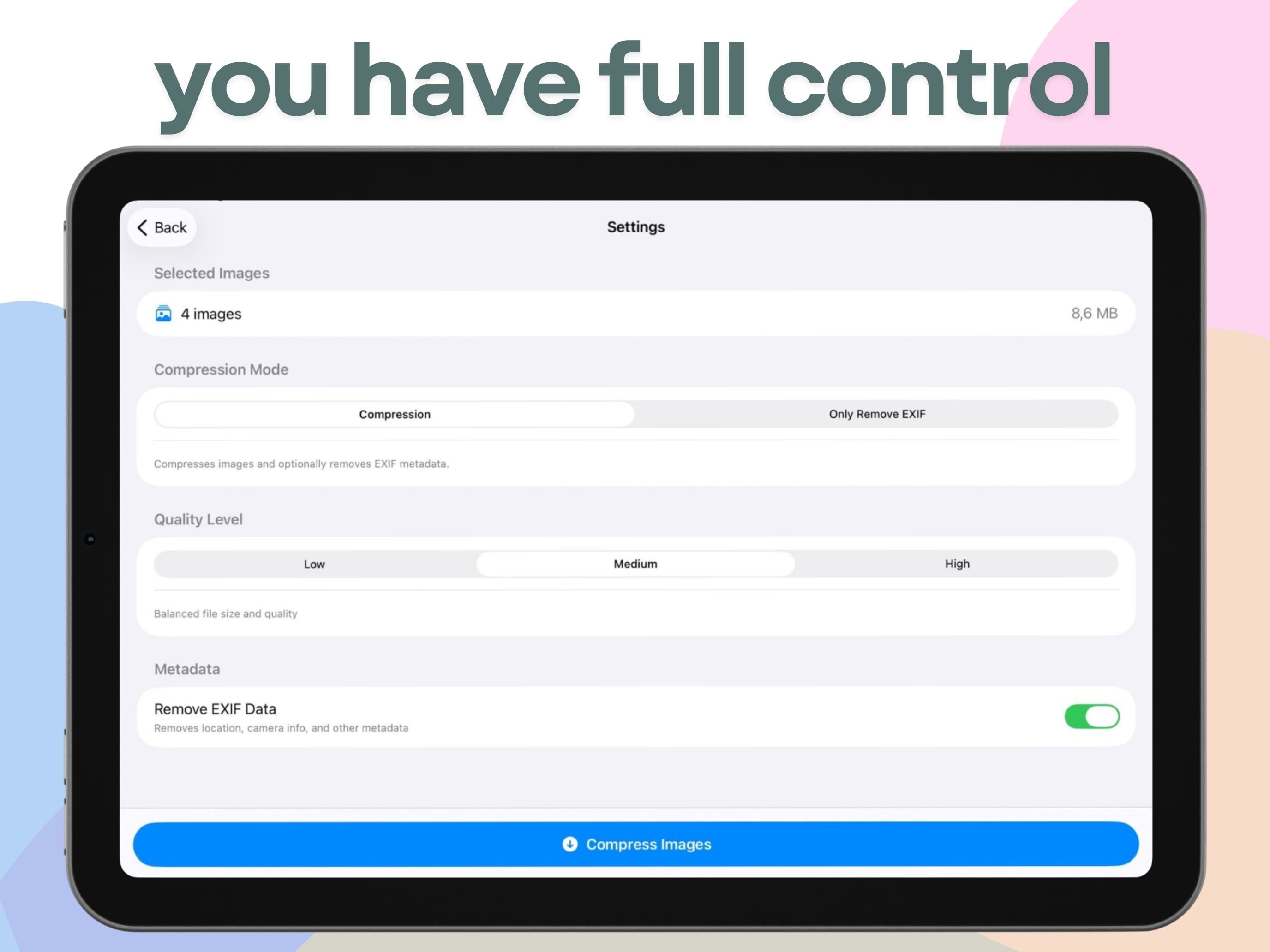 Full compression settings with quality levels